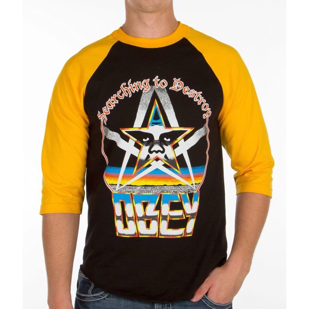 Men’s Obey Searching to Destroy Raglan Baseball Tee Shirt In Size Small